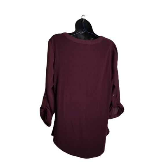 Fortune and Ivy Blouse M Wine Burgundy Zip Front 3/4 Sleeves Stretch - Picture 2 of 9